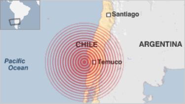 Tâm chấn của động đất nằm gần Temuco, thủ phủ vùng Araucania.
