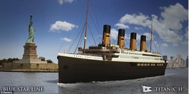 Một bức ảnh minh họa con tàu Titanic II cập cảng ở thành phố New York, Mỹ. Dự kiến chuyến tàu đầu tiên sẽ được tiến hành vào năm 2017.
