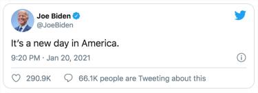 Ông Joe Biden viết trên Twitter: “Một ngày mới ở nước Mỹ”.