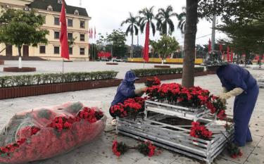 Công nhân môi trường đô thị thành phố làm mới các đảo hoa.