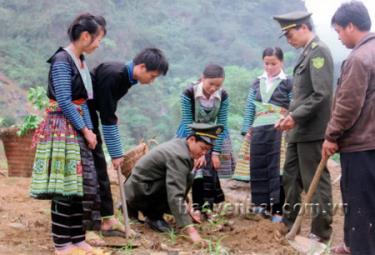 Cán bộ kiểm lâm huyện Văn Chấn hướng dẫn đồng bào Mông kỹ thuật trồng rừng.