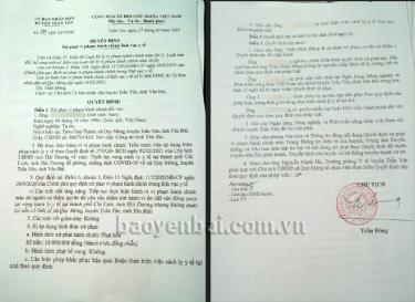 Quyết định xử phạt hành chính 10 triệu đồng đối với T.Đ.Đ xã Quy Mông vì hành vi không chấp hành khai báo y tế để trốn cách ly của Chủ tịch UBND huyện Trấn Yên.