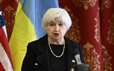 Bộ trưởng Tài chính Mỹ Janet Yellen phát biểu tại Kiev, Ukraine ngày 27/2.