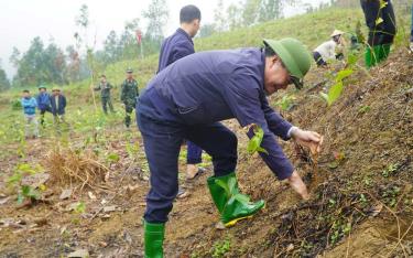 Đồng chí Chu Đình Ngữ - Ủy viên Ban Thường vụ Tỉnh ủy, Trưởng Ban Tổ chức Tỉnh ủy tham gia trồng cây tại Lễ ra quân trồng cây đầu xuân Giáp Thìn năm 2024 huyện Văn Yên.