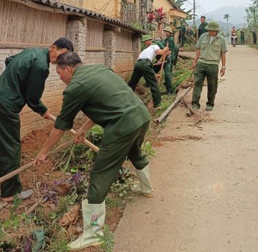 Hội viên cựu chiến binh xã Tân Đồng tham gia vệ sinh tuyến đường liên thôn.