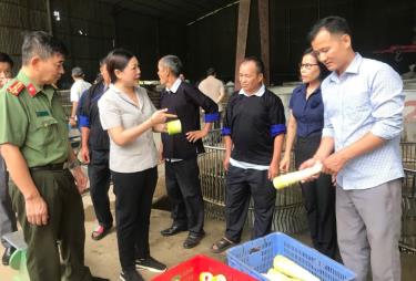 Đồng chí Hoàng Thị Vĩnh - nguyên Ủy viên Ban Thường vụ Tỉnh ủy, Trưởng Ban Dân vận Tỉnh ủy (thứ 2,từ  trái sang) thăm mô hình chế biến măng Bát độ của người dân xã Hồng Ca, huyện Trấn Yên.