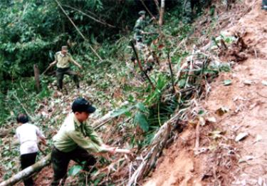 Cán bộ kiểm lâm huyện Lục Yên hướng dẫn nhân dân phát đường băng cản lửa phòng cháy chữa cháy rừng.