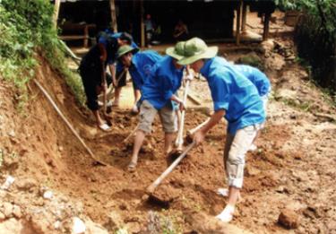 Thanh niên tình nguyện giúp dân dịch chuyển chuồng trại ra xa nhà ở.
