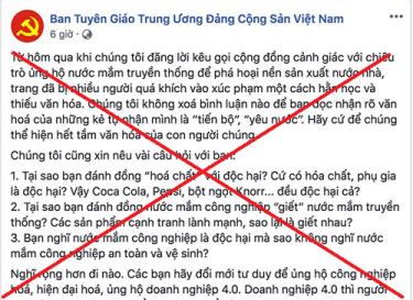Bài viết gần đây nhất của trang Facebook mạo danh Ban Tuyên giáo Trung ương