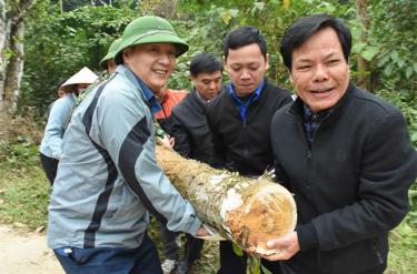 Đồng chí Hoàng Hữu Độ- Bí thư Huyện ủy Lục Yên (bên trái) tham gia cùng nhân dân giải phóng hành lang mở rộng đường giao thông.