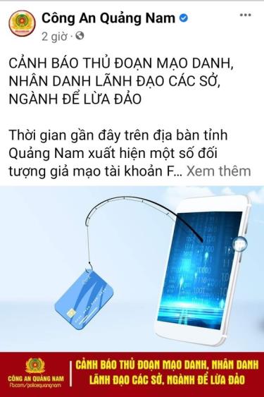 Công an Quảng Nam cảnh báo thủ đoạn mạo danh lừa đảo.  (Ảnh chụp màn hình).