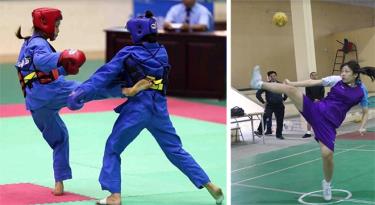 VĐV Trần Thị Thu Hương (bên trái) thi đấu tại Giải vô địch các đội mạnh Vovinam toàn quốc năm 2020 và VĐV Nguyễn Thị Quyên tập luyện cầu mây.