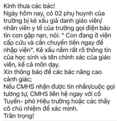 Thông báo của trường THPT Chu Văn An (Hà Nội) tới phụ huynh, cảnh giác chiêu thức lừa đảo mới.