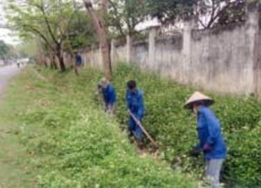 Công nhân Công ty Môi trường đô thị thị xã Nghĩa Lộ vệ sinh đường phố.
(Ảnh: Thu Hạnh)
