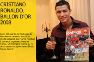 Hình ảnh Ronaldo với thông tin giành Quả bóng Vàng châu Âu (Ballon D'Or) 2008, trên trang chủ website francefootball.fr.
