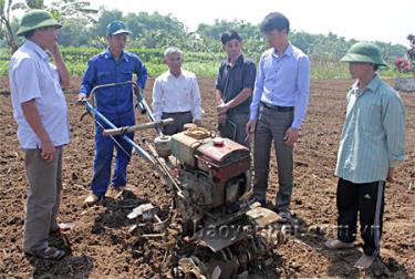 Cán bộ Hội Cựu chiến binh xã thăm mô hình hội viên cải tạo đất trồng hoa.
