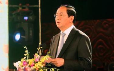 Chủ tịch nước Trần Đại Quang phát biểu tại lễ khai mạc Ngày hội các dân tộc Việt Nam.
