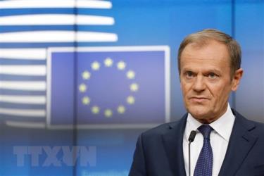 Chủ tịch Hội đồng châu Âu Donald Tusk trong cuộc họp báo tại Brussels, Bỉ ngày 22-3-2019.