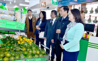 Lãnh đạo Sở Công Thương Yên Bái, Sở Công Thương Hà Nội tham quan gian trưng bày nông sản Yên Bái tại Siêu thị Hapromart Hà Nội.