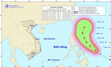 Vị trí và hướng di chuyển của siêu bão Surigae. (Ảnh: NCHMF).