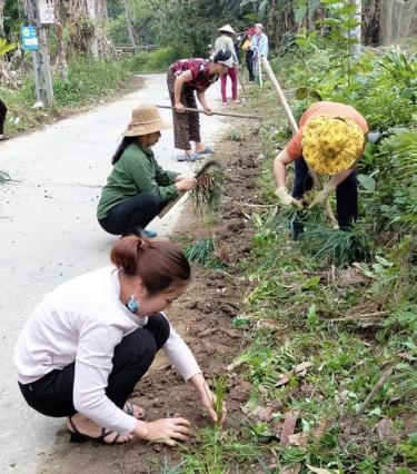 Hội viên Hội Phụ nữ xã Yên Thắng tích cực tham gia trồng và chăm sóc các tuyến đường hoa.