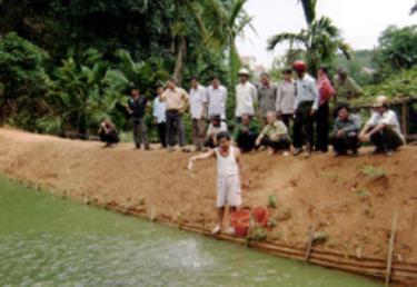 Người nuôi cá tham quan mô hình nuôi cá giống qua đông.

