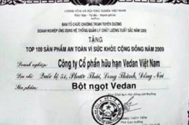 Giấy chứng nhận do ban tổ chức cấp cho sản phẩm của Vedan.