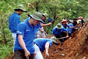 Thanh niên tình nguyện giúp dân làm đường tại xã Chế Cu Nha, huyện Mù Cang Chải.