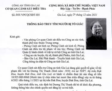 Cơ quan công an thông báo truy tìm cụ bà 72 tuổi vay tiền của nhiều người rồi bỏ trốn.