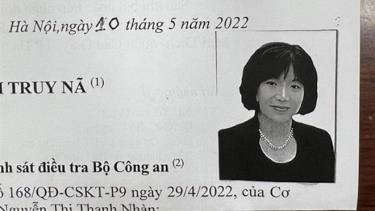 Cơ quan CSĐT Bộ Công an truy nã đặc biệt bị can Nguyễn Thị Thanh Nhàn.