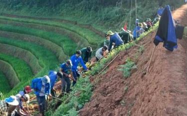 Đoàn viên thanh niên xã Khao Mang tình nguyện giúp nhân dân trong xã khai hoang ruộng bậc thang.