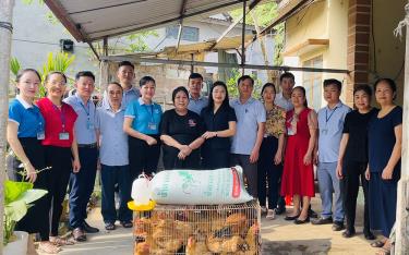 Tập thể lãnh đạo, cán bộ công chức, viên chức phường Đồng Tâm, thành phố Yên Bái trao 20 con gà lấy trứng cho bà Trần Thị Mười ở tổ dân phố số 8.