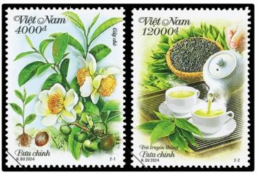 Hai mẫu tem miêu tả quá trình hình thành, sinh trưởng từ hạt, cây, hoa, quả… và cho ra thành phẩm trà trong đời sống thường ngày. (Nguồn: Tổng công ty Bưu điện Việt Nam)