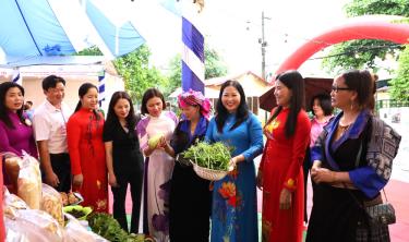 Phó Chủ tịch UBND tỉnh Vũ Thị Hiền Hạnh và lãnh đạo Hội LHPN tỉnh thăm quan các gian hàng tại Hội chợ.