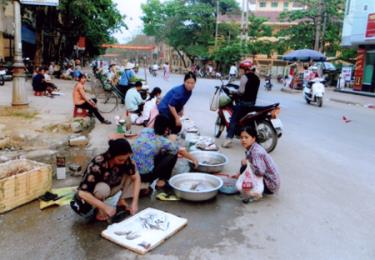 Đủ các mặt hàng từ thực phẩm tươi sống đến rau, quả được người bán hàng bày bán ngang nhiên tại khu vực Trường THPT Nguyễn Huệ.
