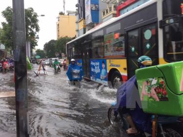 Mưa lớn gây ngập trên phố Nguyễn Thái Học, Hà Nội ngày 13/6.