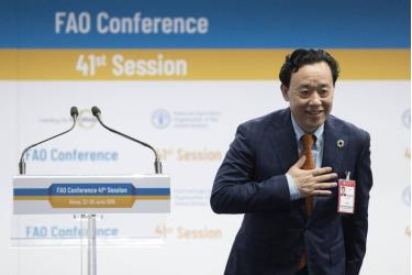 Tổng giám đốc FAO Qu Dongyu nhiệm kỳ 2019 - 2023 phát biểu cảm ơn.