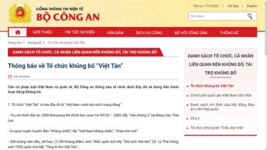 Thông báo về Tổ chức khủng bố Việt Tân của Bộ Công an năm 2016. Ảnh: Báo QĐND