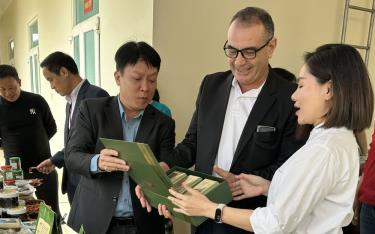 Lãnh đạo ngành Công thương giới thiệu sản phẩm đặc sản của tỉnh Yên Bái với Giám đốc thu mua Tập đoàn Central Retail Việt Nam
