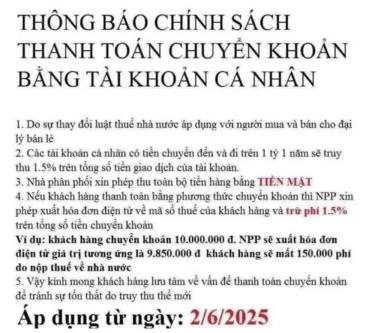 Thông báo giao dịch bằng tiền mặt, nếu chuyển khoản thu thêm 1,5% thuế từ ngày 2/6.