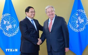 Thủ tướng Phạm Minh Chính hội kiến Tổng Thư ký Liên hợp quốc Antonio Guterres.