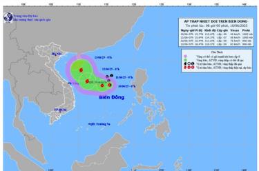 Dự báo vị trí, hướng di chuyển của áp thấp nhiệt đới. Ảnh: Trung tâm dự báo KTTV Quốc gia.