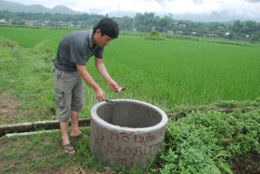 Một người dân Thanh Lương bỏ vỏ bao bì sau khi phun thuốc vào 