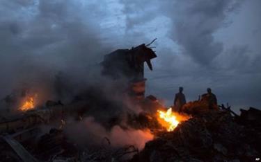 Hiện trường vụ máy bay MH17 của Malaysia rơi xuống và bốc cháy ngày 17/7/2014.