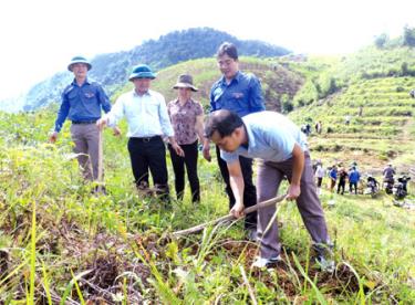 Lãnh đạo Tỉnh đoàn và huyện Trạm Tấu cùng đoàn viên thanh niên trên công trình tình nguyện trồng cây sơn tra.