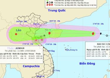 Vị trí và hướng di chuyển của bão số 3 lúc 10h sáng nay.