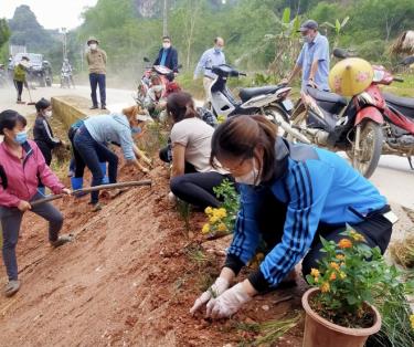 Hội viên nông dân xã Liễu Đô tham gia trồng các tuyến đường hoa