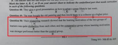 Câu tiếng Anh trong mã đề thi 409 gây tranh cãi. Ảnh: Chụp màn hình
