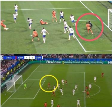 Tình huống Hà Lan bị tước bàn thắng (trên) và Tây Ban Nha ghi bàn (dưới).
