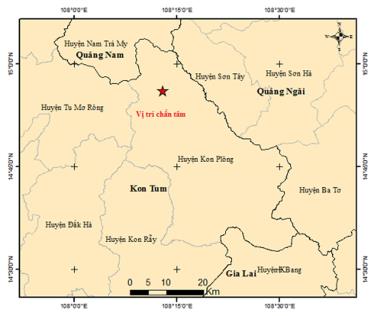 Vị trí xảy ra 8 trận động đất liên tiếp tại Kon Tum vào tối ngày 28/7.